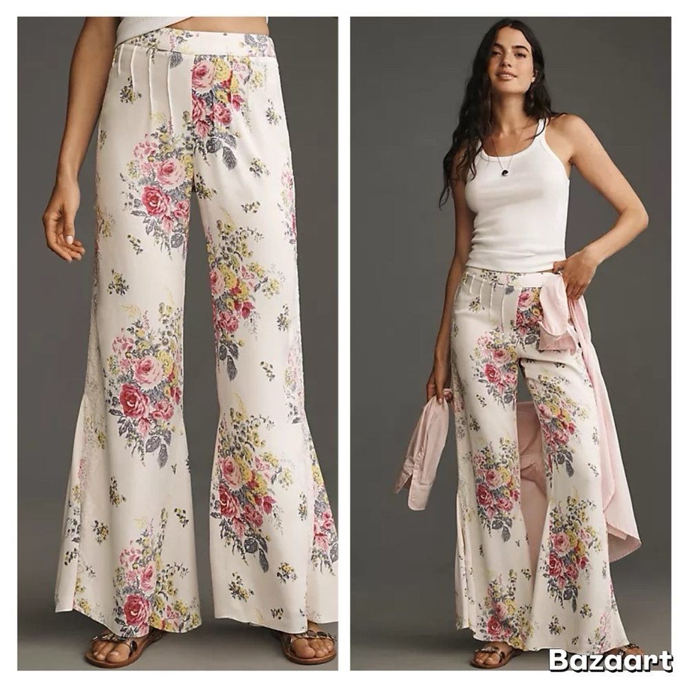 NWT By Anthropologie Floral Lace Silky Flare Pants Sz 8 - Picture 3 of 16